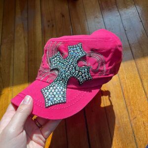 Kbethos Cap Hat Y2K Women's Pink Red Silver Gemstones Embellished